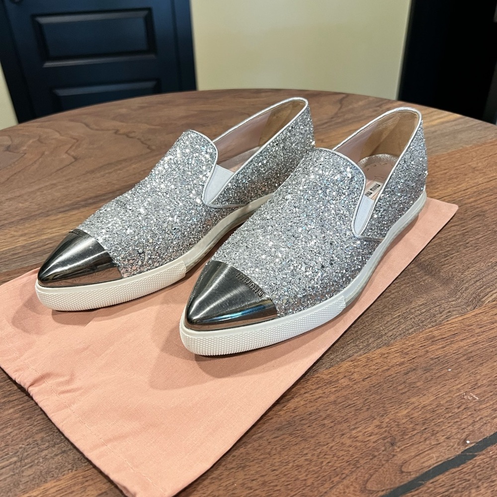 Miu Miu Pointy Toe Silver Glitter Slip-On Women's Shoes